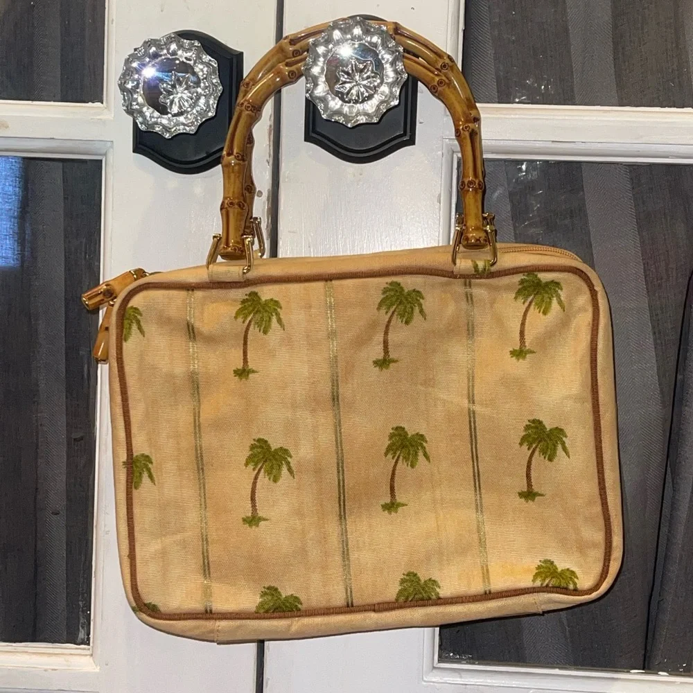 Celebrity palm tree make up cosmetic bag with faux wood straps vintage looking